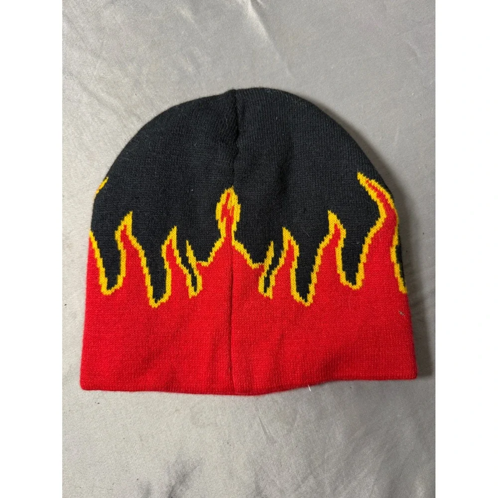 Adler Hot Oil Flame Knit Beanie Hat Black Red Yellow Embroidered Logo One Size